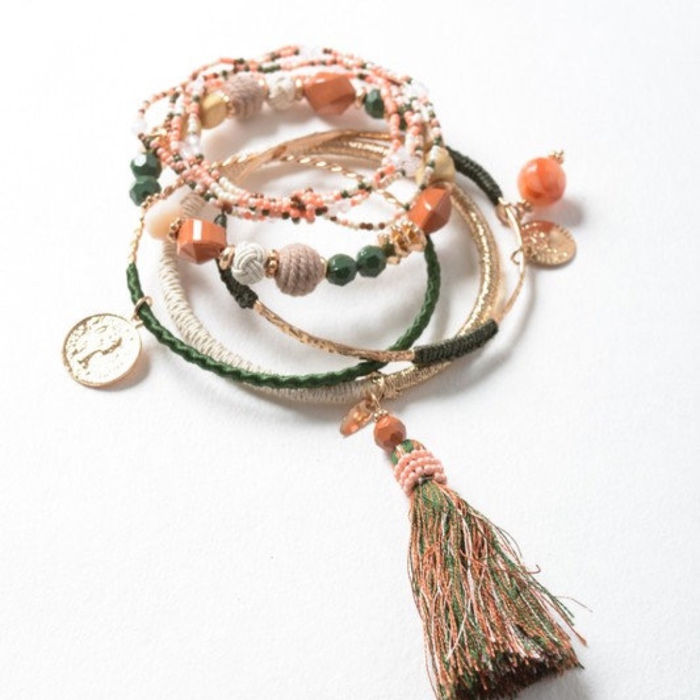 Boho Charm Beaded Tasseled Bracelet Stack